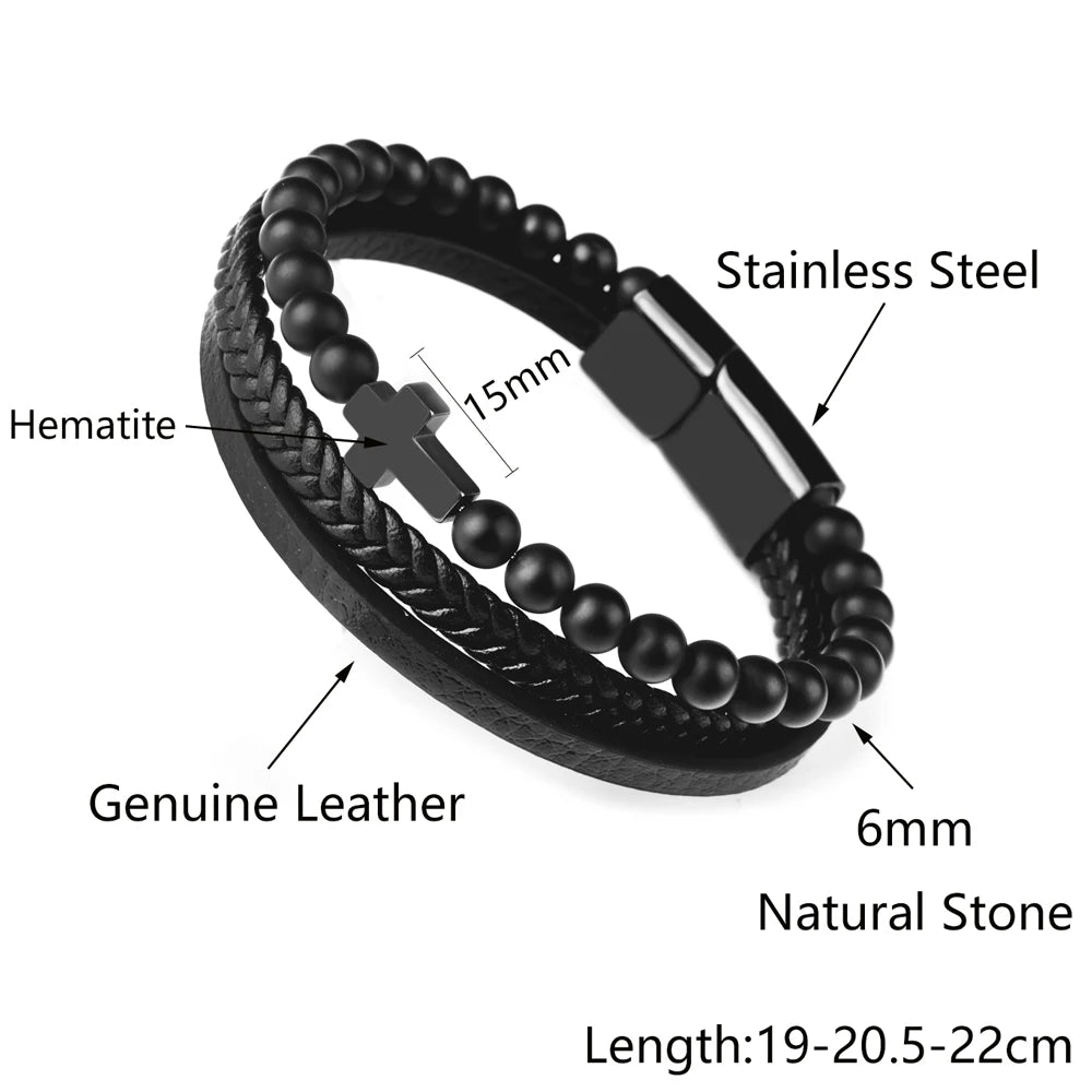 Natural Stone Beads Cross Bracelet On Hand Genuine Leather Braided Stainless Steel Magnetic Clasp Bangles For Men Jewelry Gift - Image 6