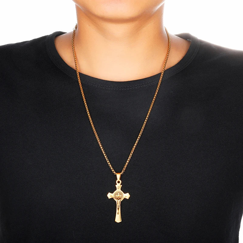 INRI Jesus Cross Necklaces Pendants Stainless Steel Exorcism St. Benedict Crucifix Necklace For Men Jewelry - Image 5