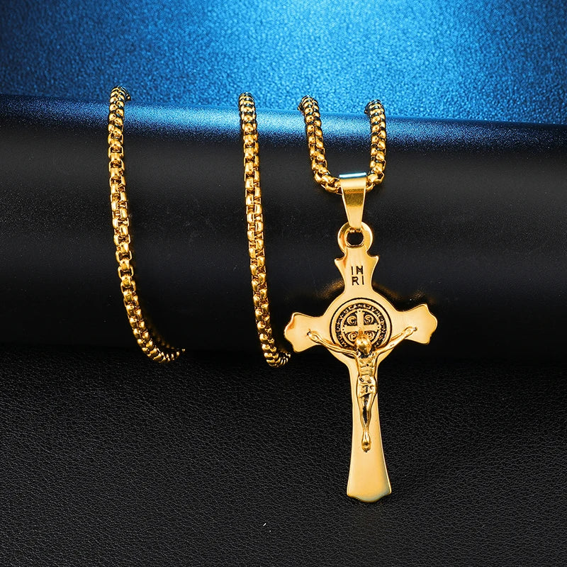 INRI Jesus Cross Necklaces Pendants Stainless Steel Exorcism St. Benedict Crucifix Necklace For Men Jewelry - Image 7