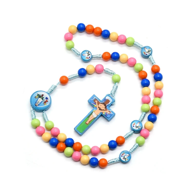 Children's Colored Plastic Beads Rosary Necklace – Wood Cross Pendant Catholic Prayer Ornament