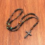 Natural Stone Rosary Necklace – Africa Turquoise & Tiger Eye Beads with Cross Pendant