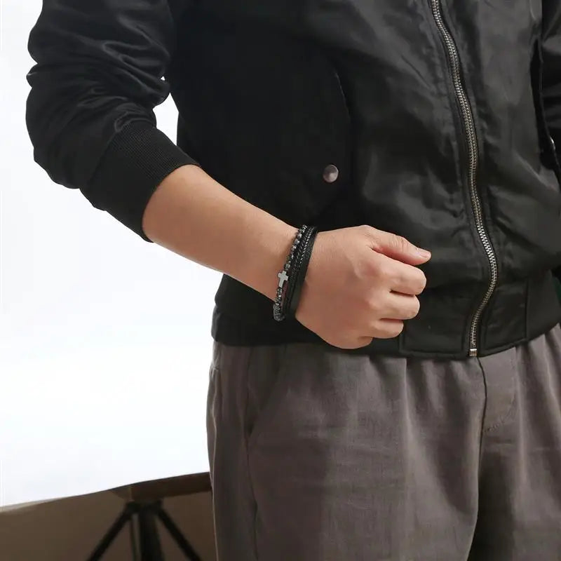 Fashion Cross Pendant MultiLayer Leather Bracelet for Men Women Classic Christian Prayer Christmas New Year Gift - Image 2