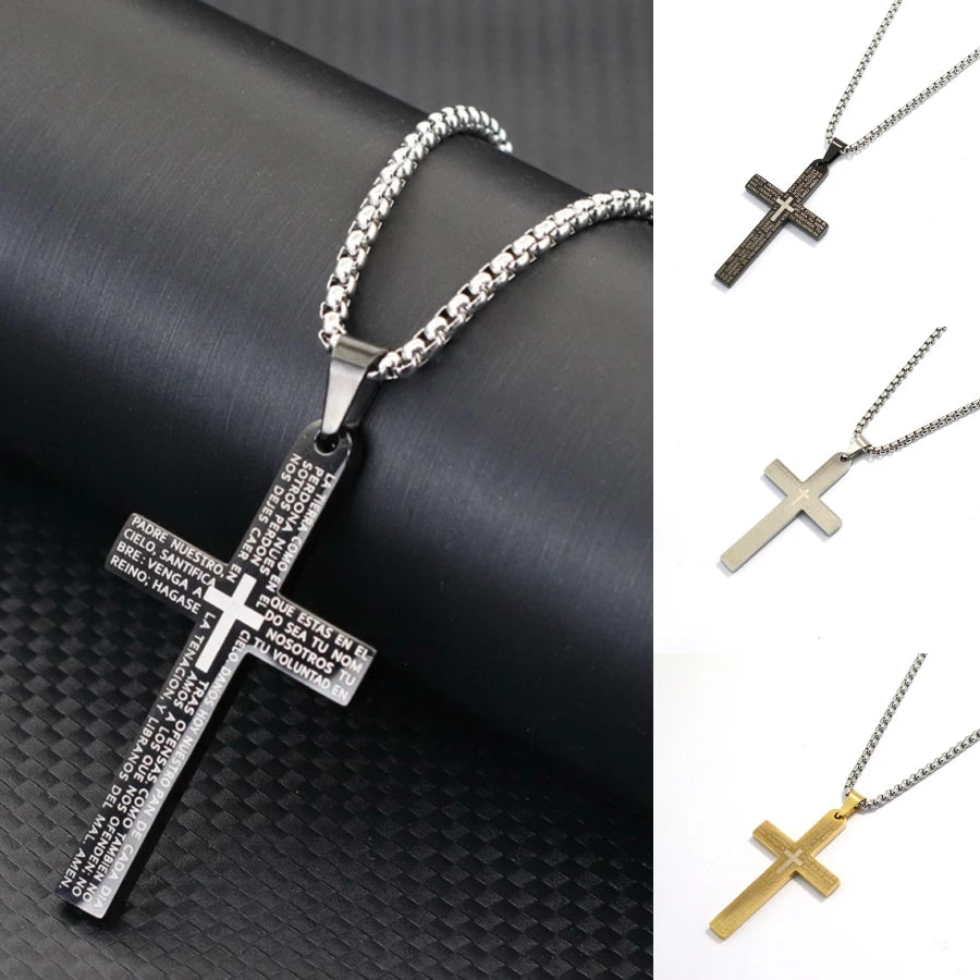 Classic Stainless Steel Cross Necklace for Men – 24-Inch Long Pendant, Hip-Hop Rock Style