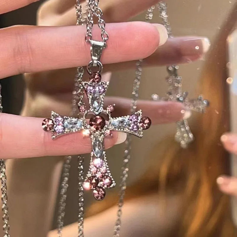 ChatGPT said: New Y2K Punk Pink Purple Zircon Cross Necklace – Rhinestone Clavicle Chain for Women