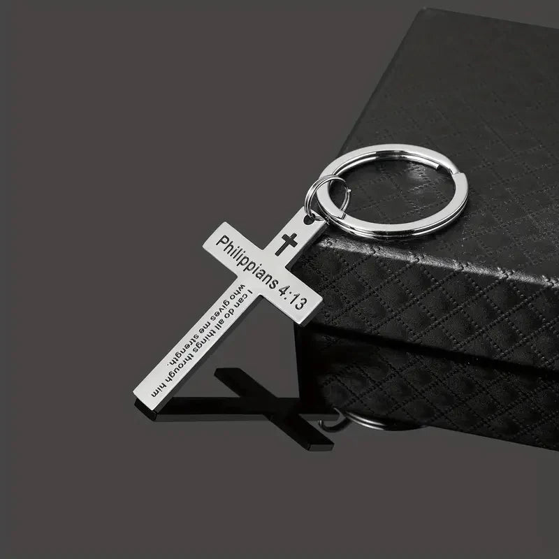 Christian Bible Verse Cross Pendant Keychain – Stainless Steel Religious Gift - Image 2
