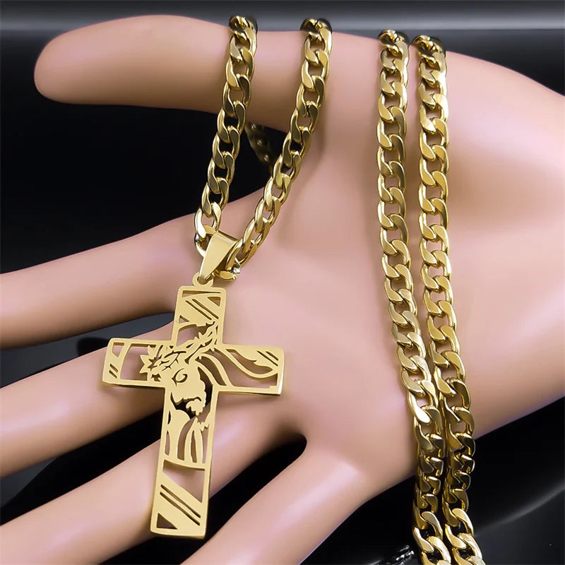 Crown of Thorns Jesus Cross Necklace – Gold-Plated Hip Hop Punk Crucifix Pendant for Men - Image 5