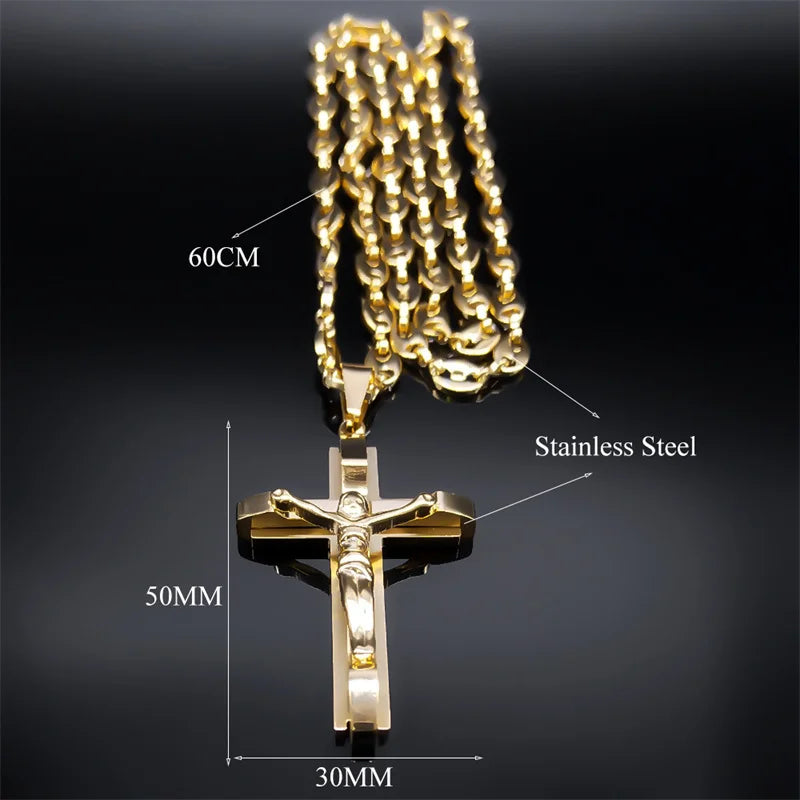 Jesus Cross Crucifix Pendant Necklace – Gold Stainless Steel Christian Jewelry for Men - Image 5
