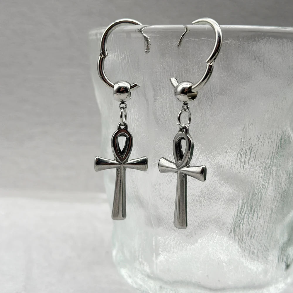 Egyptian Ankh Cross Drop Hoop Earrings