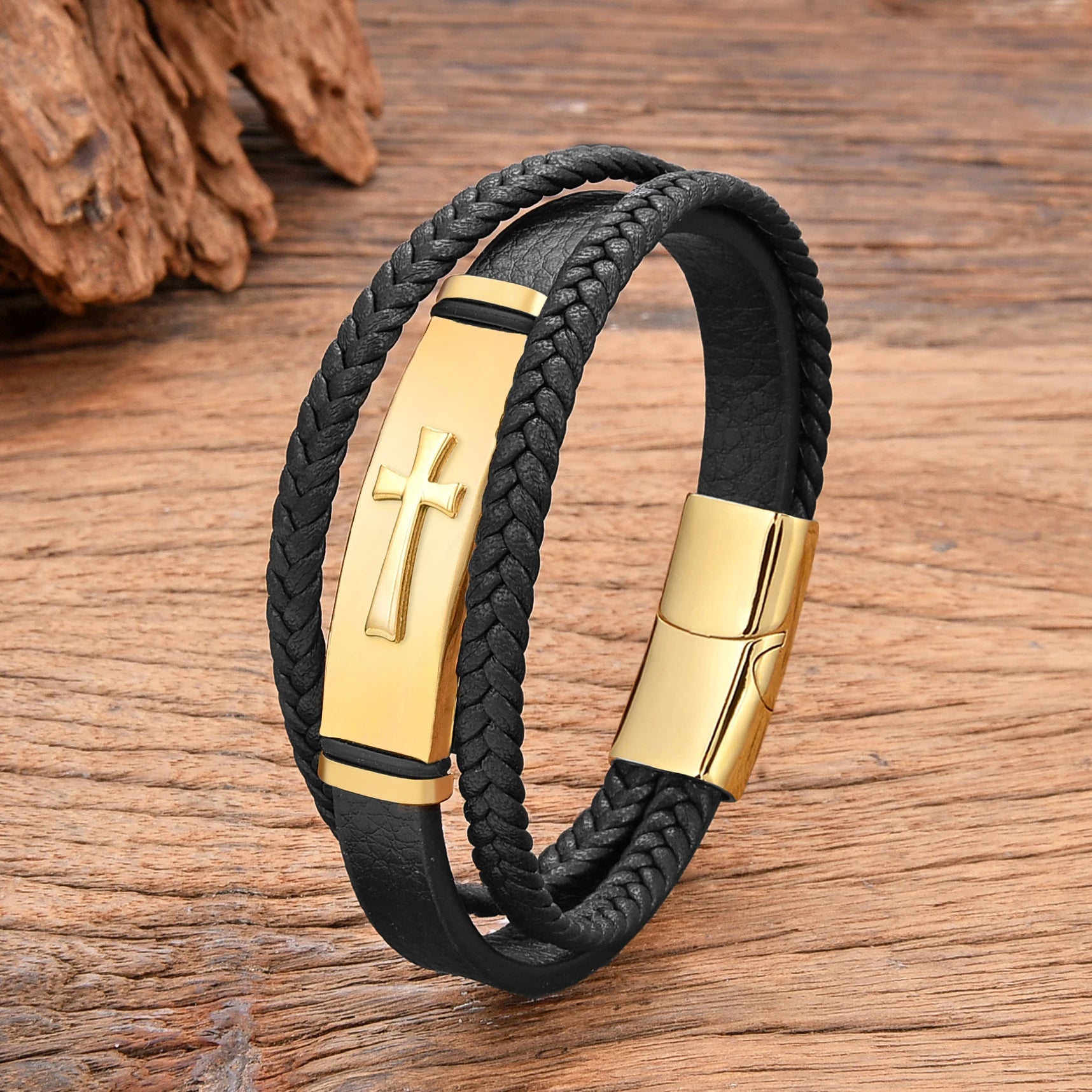 Black Gold Plated Cross Stainless Steel Bracelet – Men's Leather Punk Chain Jewelry - Image 7