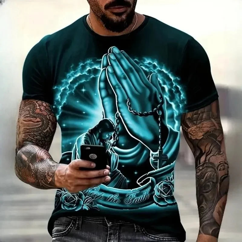 3D Jesus Print Pray T-Shirt – Christian Fashion Oversized Tee for Men - Image 2