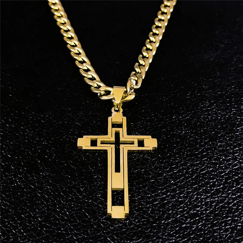 2024 Hip Hop Cross Stainless Steel Chain Necklaces Gold Color Long Pendant Necklace for Women/Men Jewelry collier homme N6055S05 - Image 3