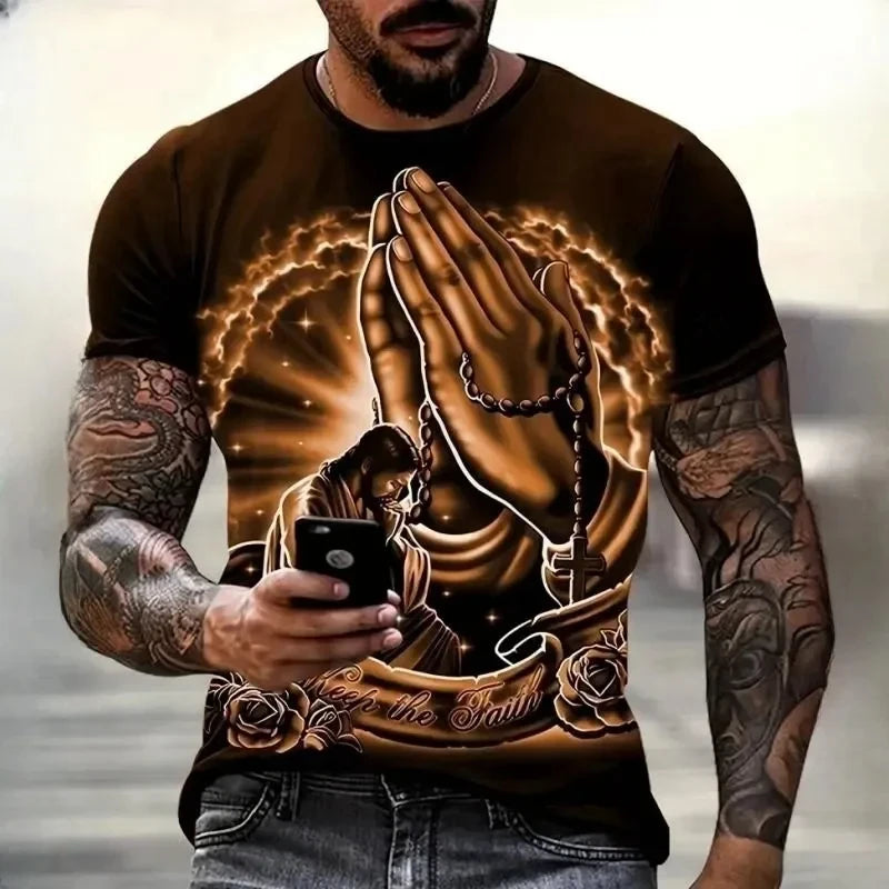 3D Jesus Print Pray T-Shirt – Christian Fashion Oversized Tee for Men - Image 4