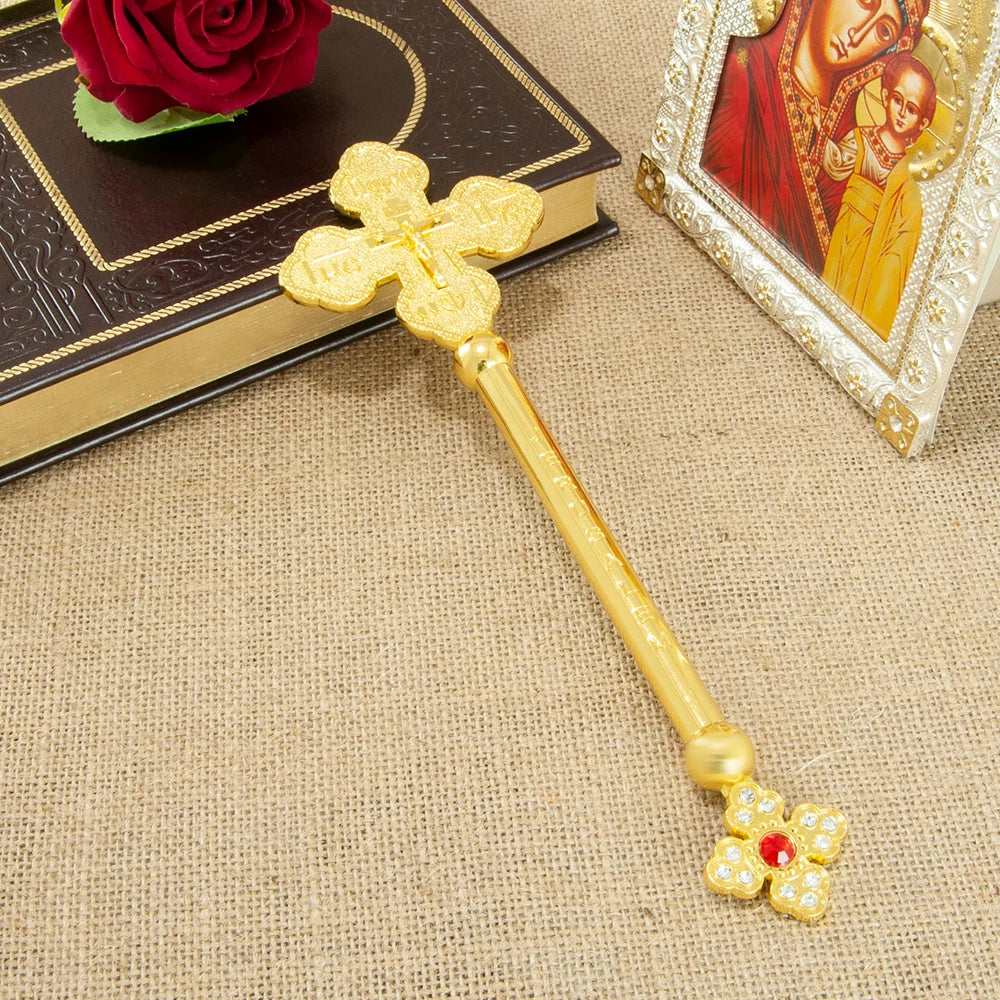 Gold-Plated Orthodox Jesus Crucifix Statue – Crystal-Inlaid Religious Decor for Prayer, Church & Home - Image 6