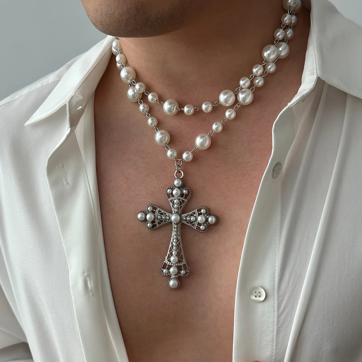 IngeSight.Z Elegant Pearl Cross Choker Necklace – Goth‑Chic 2‑in‑1 Statement Piece - Image 5