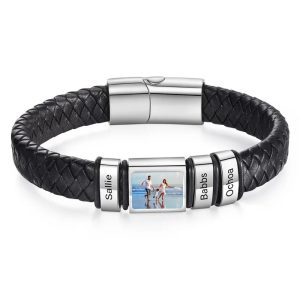 Custom Photo Bracelet – Personalized Leather Name Bracelet for Men, Boys & Husbands