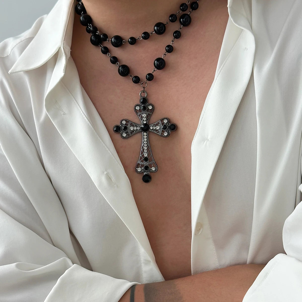 IngeSight.Z Elegant Pearl Cross Choker Necklace – Goth‑Chic 2‑in‑1 Statement Piece - Image 6