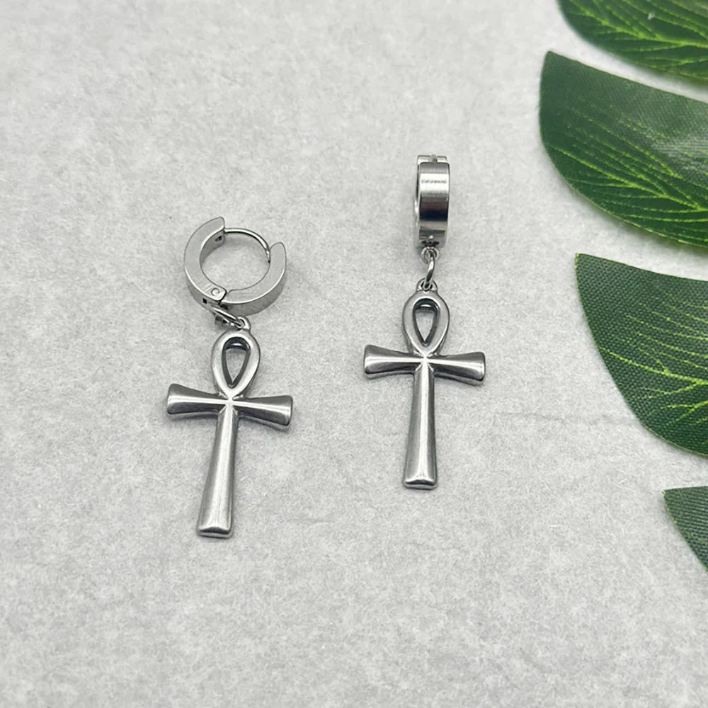Egyptian Ankh Cross Drop Earrings – Key of Life Stainless Steel Hoops for Men & Women - Image 3