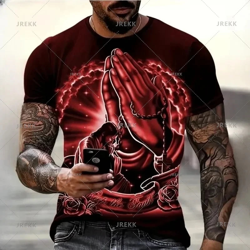 3D Jesus Print Pray T-Shirt – Christian Fashion Oversized Tee for Men - Image 8