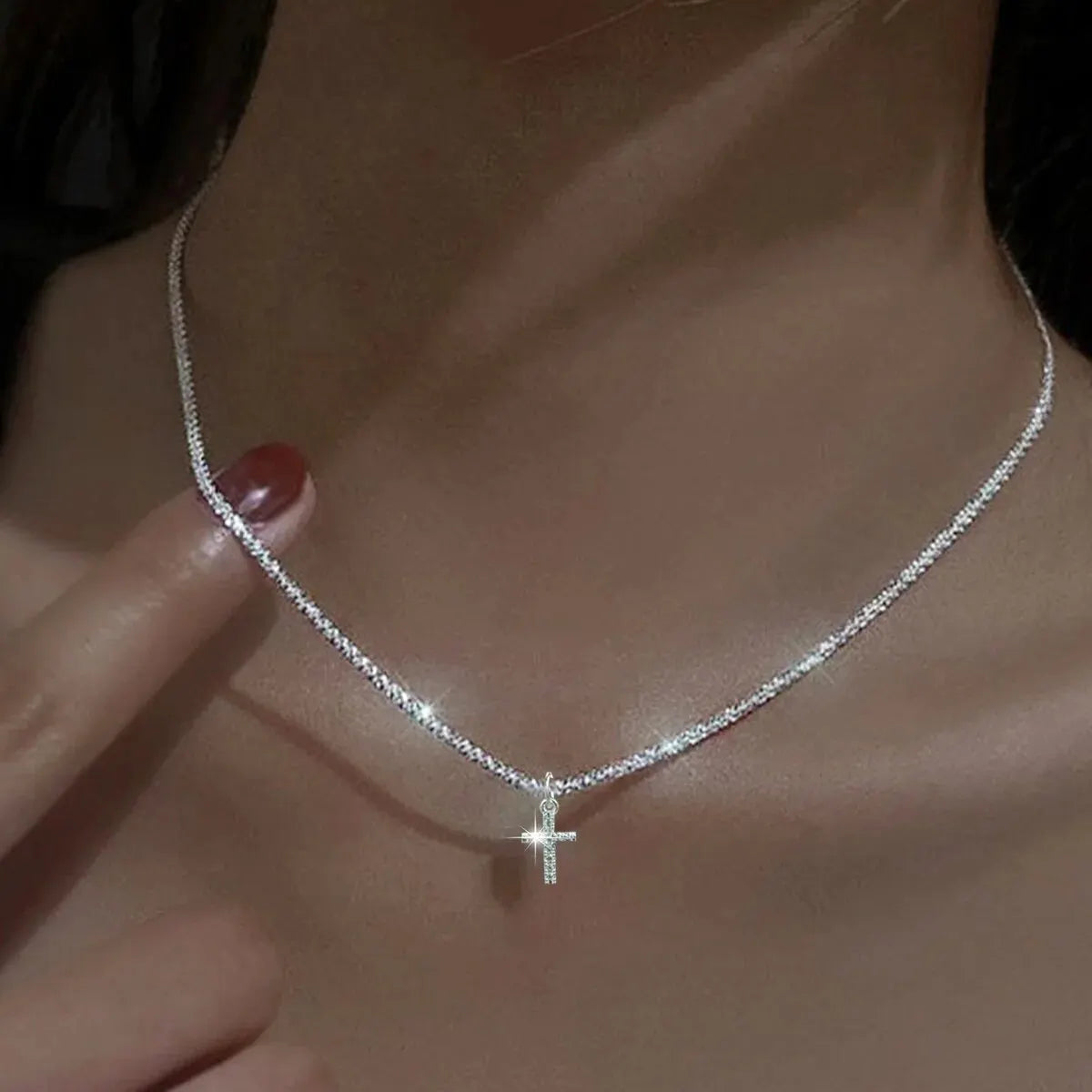 1 PC Simple Ins Cauliflower Chain Sparkling Cross Necklace - Image 6