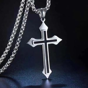 Minimalist Black Oil Drop Cross Necklace – Silver Color Stainless Steel Chain, Unisex Hip-Hop Punk Jewelry