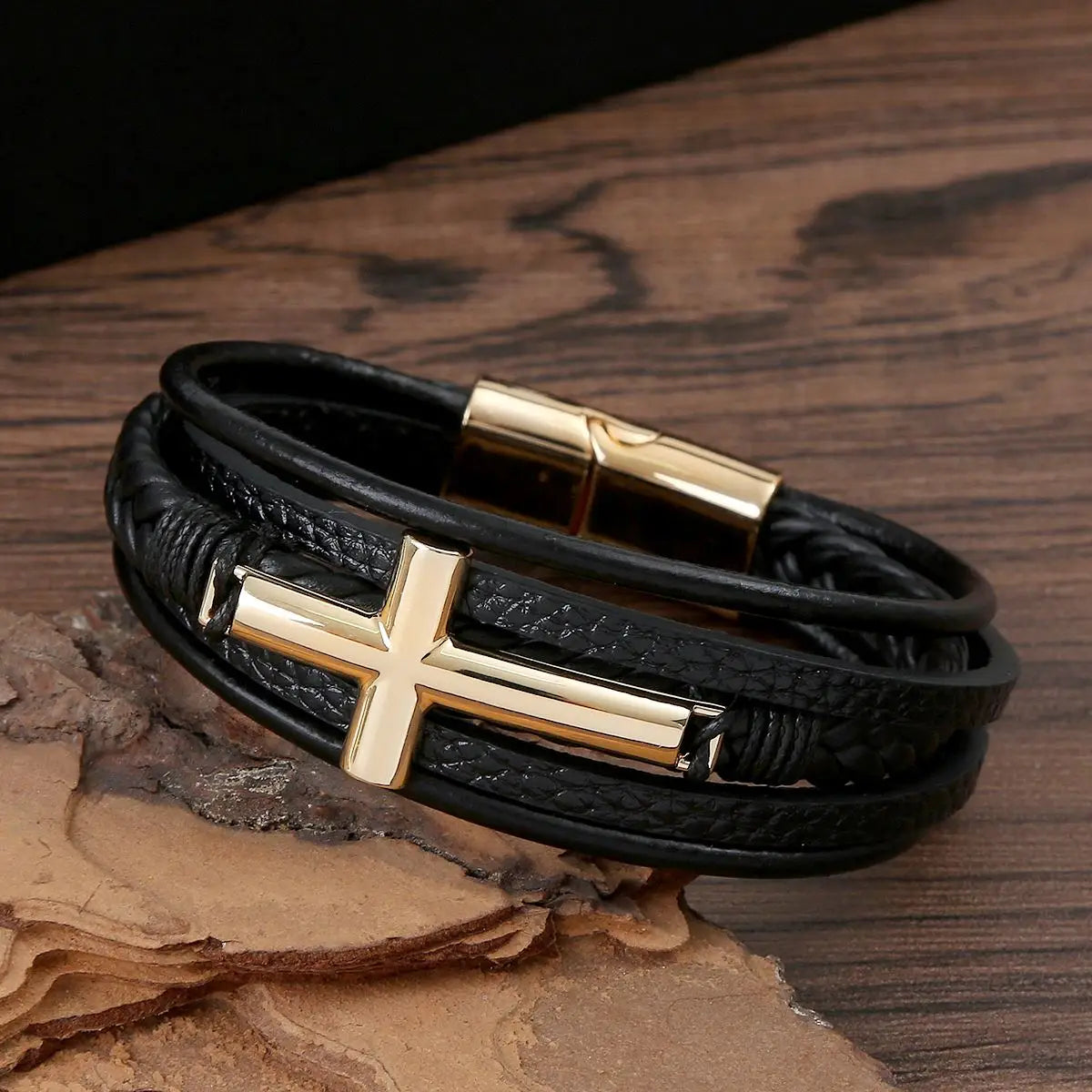 Black Cross Decorative Punk Leather Bracelet – Multilayer Braided Magnetic Clasp for Men - Image 5