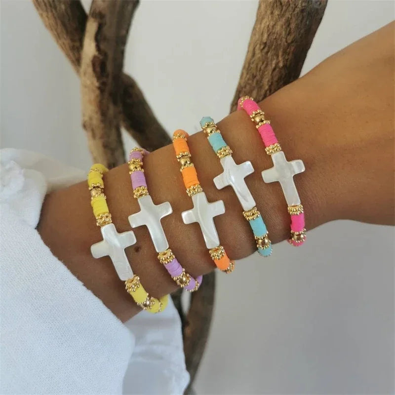CCGOOD Christian Cross Bracelet for Women – Stretch Faith Bracelet with Boho Polymer Clay Beads - Image 2
