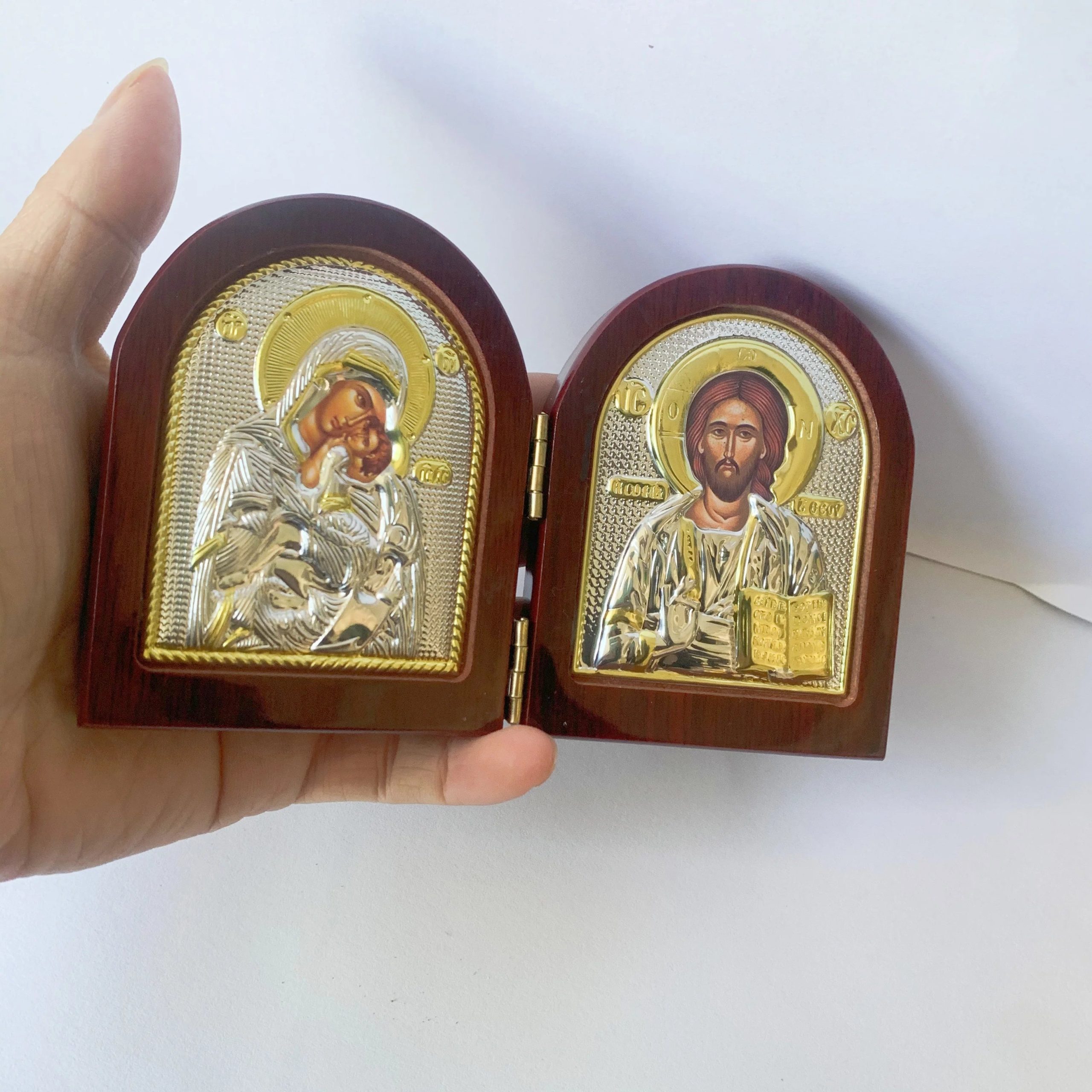 Jesus Wood Icon with Double Virgin Mary Statues - Image 7