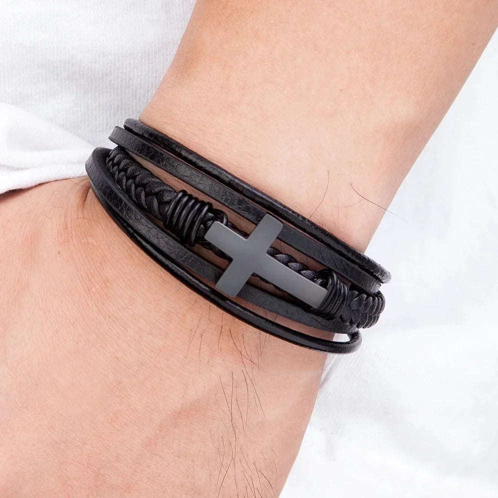 2024 Luxury Multicolor Cross Leather Bracelet – Classic Stainless Steel Design for Men - Image 4